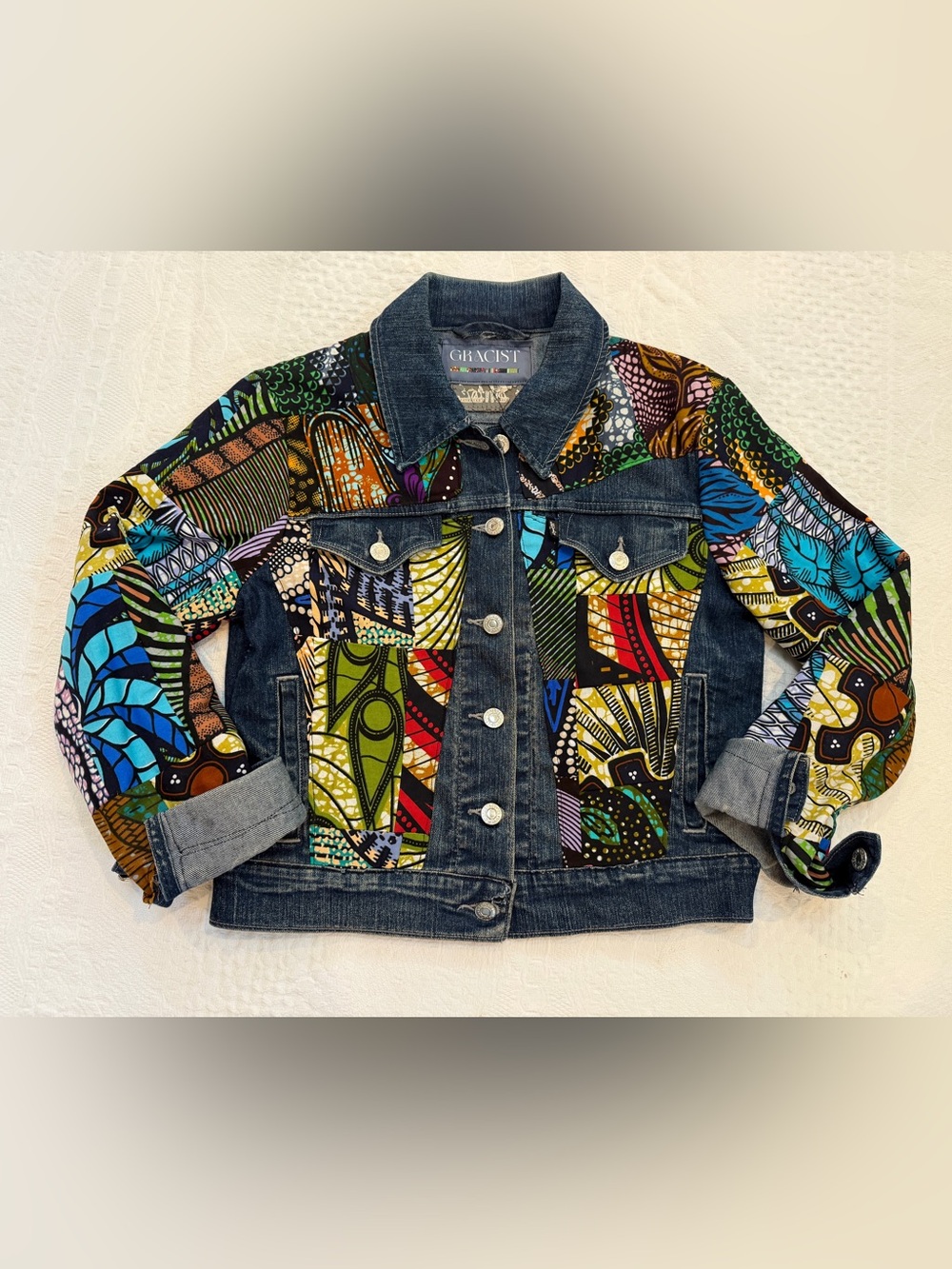 Custom Levi's Reworked GRACIST Patchwork Denim Jacket Handcrafted Art Size S